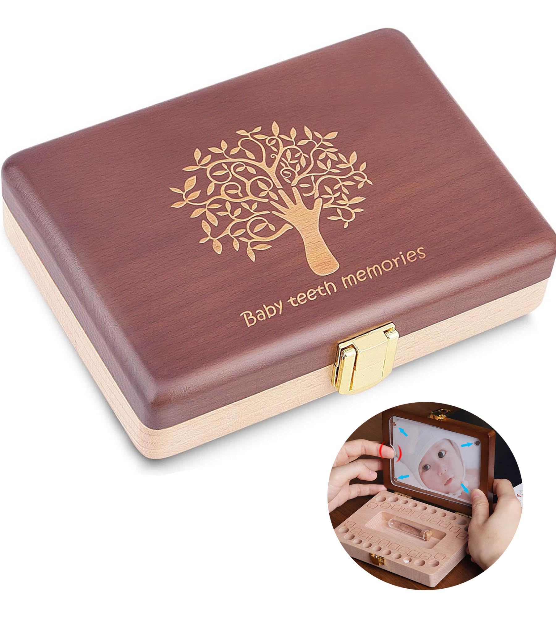 Yukidoke Baby Tooth Keepsake Box, Wooden Tooth Fairy Holder for Kids, Lost Teeth & First Curl Memory Box - Personalized Tooth Storage Case for Boy and Girl Toddler Tree Motif โ image 1