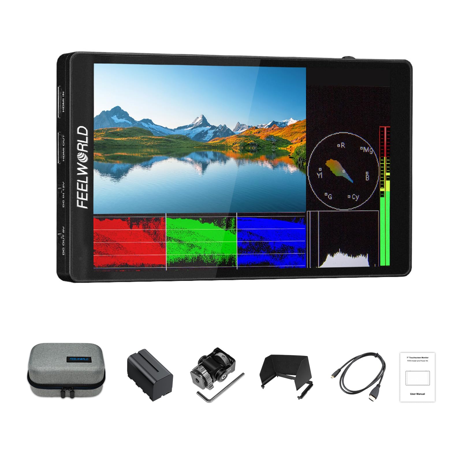 FEELWORLD F7 PRO 7 Inch Touch Screen DSLR Camera Field Monitor with F750 Battery and Bag 3D Lut HDR Waveform F970 External Power Install Kit 1920x1200 4K 60Hz HDMI in Out 8.4V Type-c Input