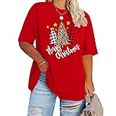 Plus-Size Christmas Shirts Women Merry Christmas Leopard Plaid Tree Print Shirt Holiday Tops Xmas Tee