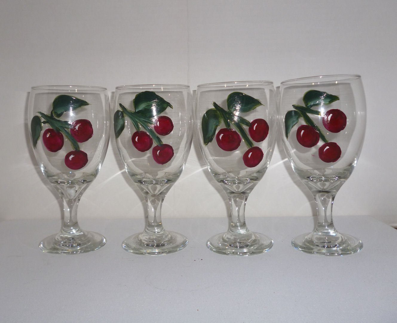 Cherry Hand Painted Ice Tea Drinking Glasses set of 4 Handmade