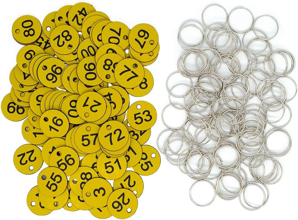 Plastic ID Number Tags, Yellow, 1-200, by Engraved Number with Key Rings