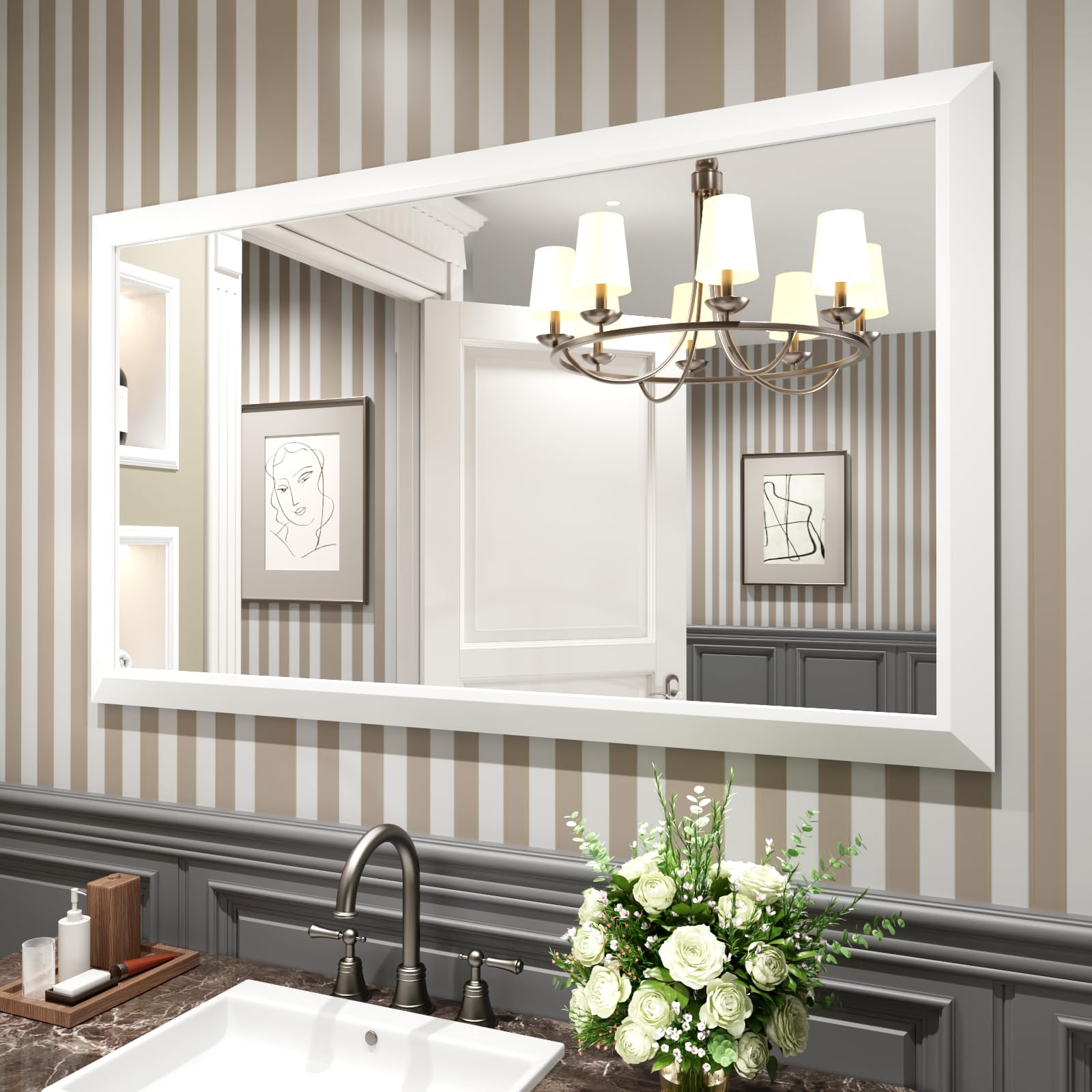 Photo 1 of Amorho Bathroom Mirror, 55x32 Inch White Thick Metal Framed Wall Mirrors for Over 2 Sinks, Bedroom, Living Room, Entryway, Large Rectangle Wall-Mounted Mirrors.