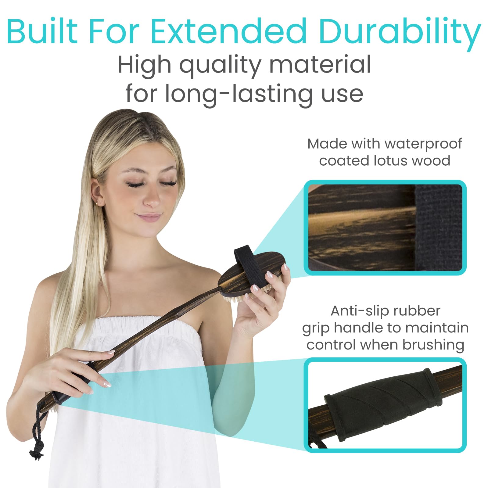 Vive Dry Brush Set for Lymphatic Drainage (3 Pieces) - Brushing Scrubber for Exfoliating, Body Cellulite and Skin Massage - 100% Natural Boar Hair Bristles, 14” Long Dark Wooden Handle w/Storage Bag