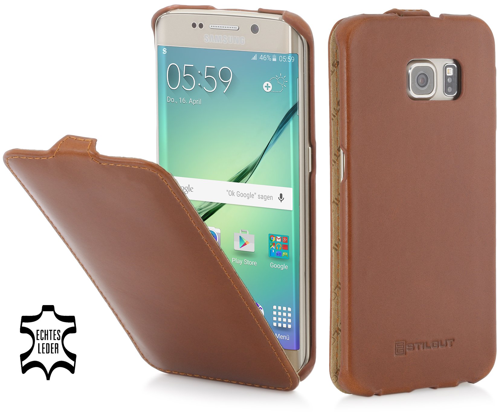 StilGut UltraSlim Leather Case for Samsung Galaxy S6 Edge Cognac