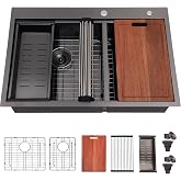 UFaucet 33 Inch Drop in 60/40 Double Bowl Kitchen Sink Black, 33x22 Inch Gunmetal Black Drop In Kitchen Sink Ledge Workstation 16 Gauge Stainless Steel Topmount Dual Basin with Cutting Board