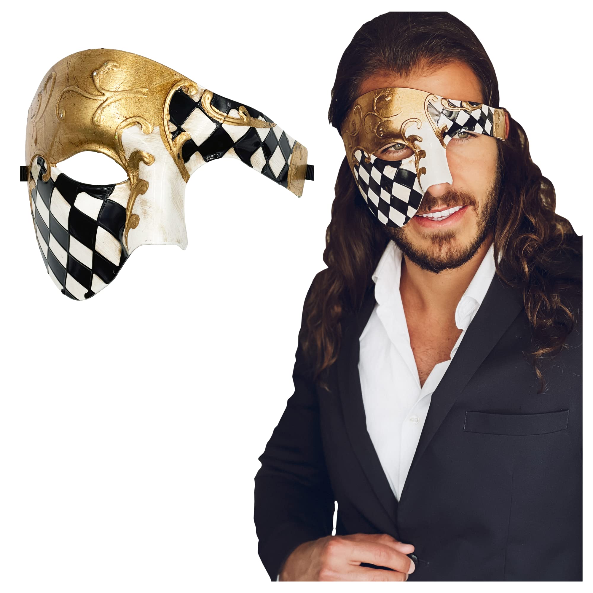 Masquerade Mask For Men Phantom Of The Opera Mask Prom Mardi Gras Haloween Venetian Half Face Mask, Black Gold Checkered, One size