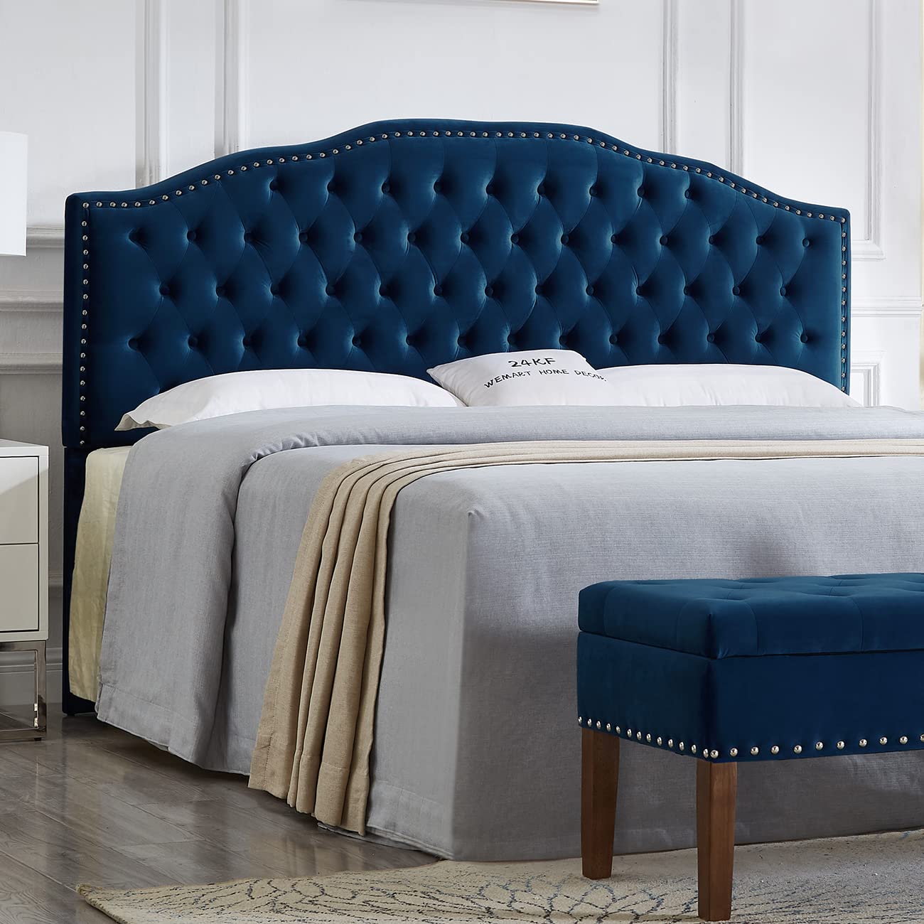 Photo 1 of 24KF Upholstered Button Tufted King Headboard with Nailhead Trim, Soft Velvet Fabric Headboard King/CA King - Navy (HEADBOARD ONLY)