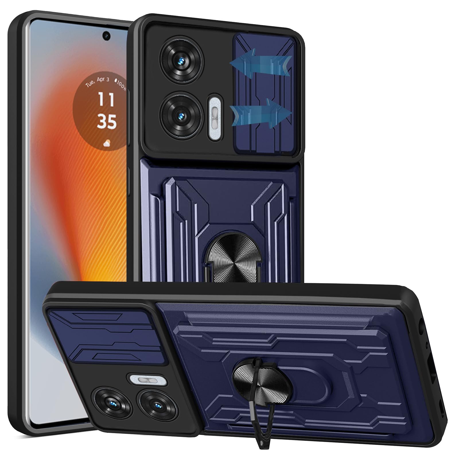 KZIOACSH Case for Motorola Edge 50 Fusion 5G, Military Grade Drop Protection Case [360°Rotate Magnetic Ring Stand][Slide Camera Lens][Removable Card Holder] Anti-Scratch Hybrid Bumper Cover, Blue