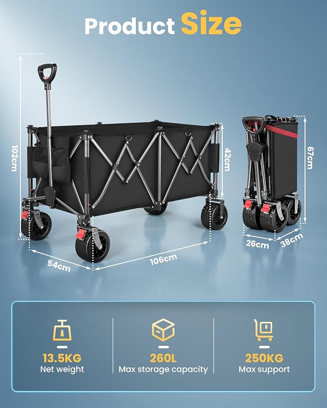 Chariot de Plage 260L 250KG, Roues Tout-Terrain 17x10 cm, Noir — photo 2 sur 8