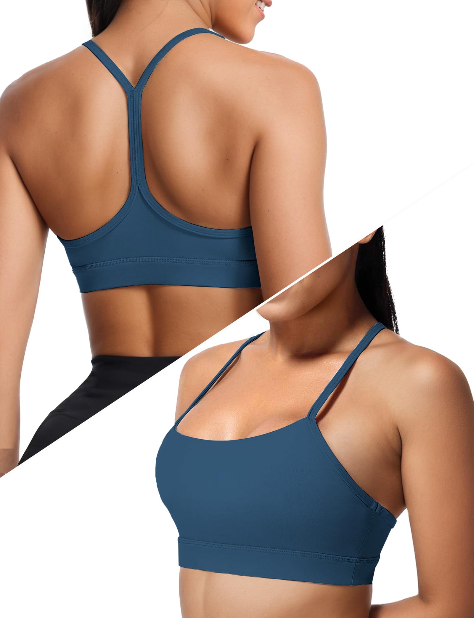 Photo 1 of Sports Bras for Women, Workout Yoga Racerback Low Back Low Impact Gym Halter Tops, White Strappy Padded Spaghetti Strap Running Athletic Outdoor Supportive Backless Bralette Bras Navy Blue S