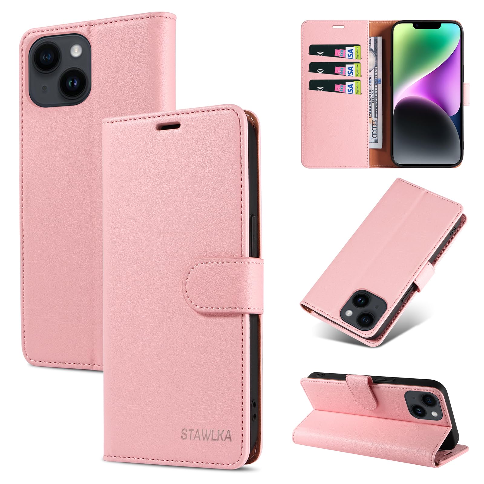 STAWLKA Case for iPhone 13, Premium PU Leather Flip Magnetic Buckle Wallet Case Kickstand Blocking RFID Shockproof Protective Phone Cover for iPhone 13 - Pink