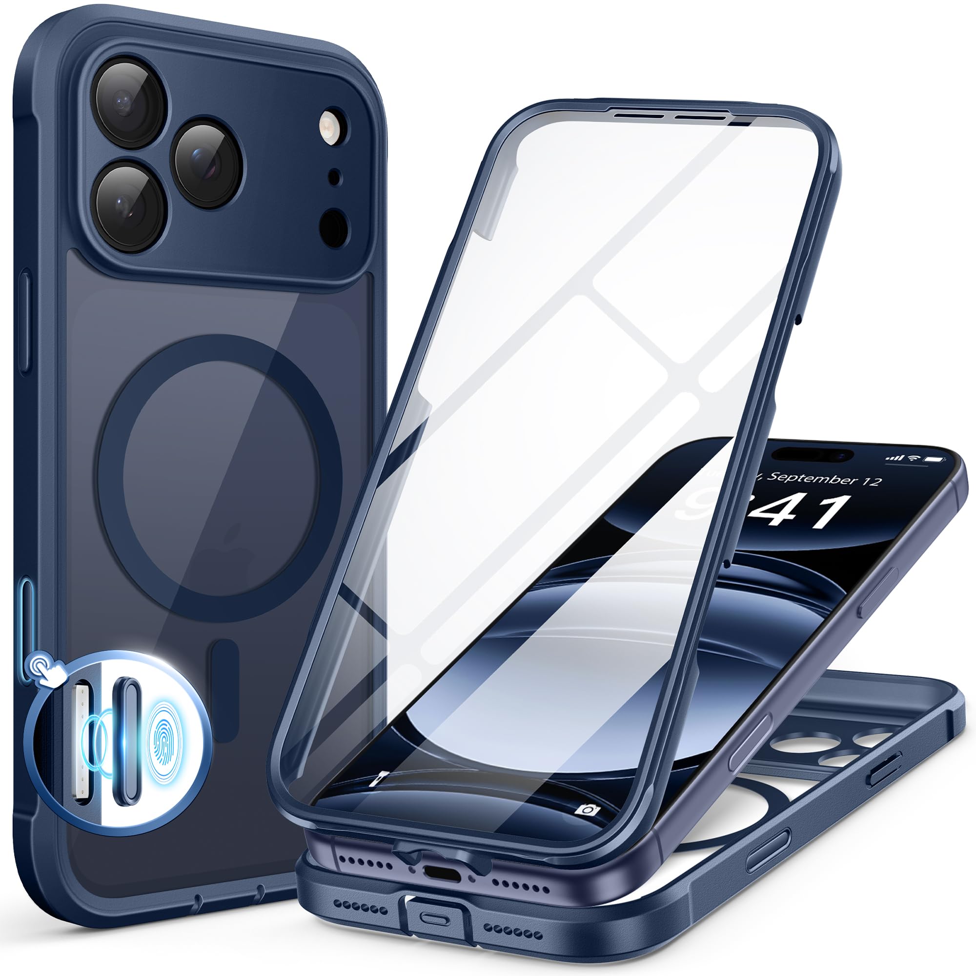 Photo 1 of BERFY for iPhone 17 Pro Max Case, Compatible with MagSafe, Built-in 9H Tempered Glass Screen Protector and Camera Protection, Full Body Shockproof Clear Phone case for 17 Pro Max 6.9", Deep Blue