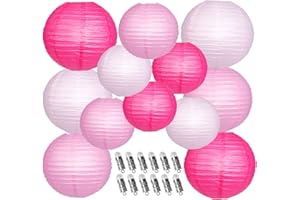 YUNXUAN Paper Lanterns Decorative, Pink Hanging Paper Lanterns with Lights for Engagement Bachelorette Birthday Party 12 LED Light Round Chinese Lanterns 12" 10" Pack of 12