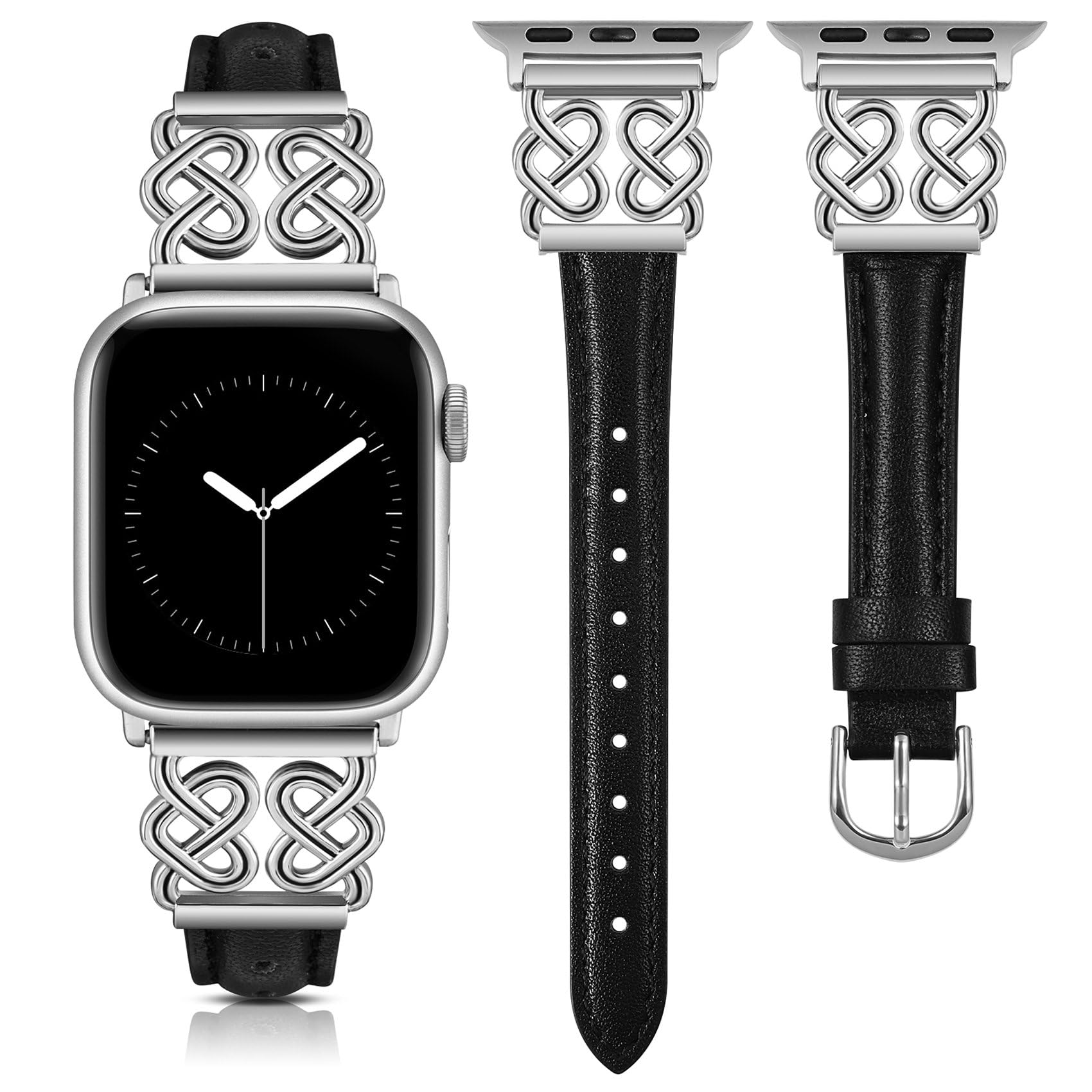 TOYOUTHS Leather Strap Compatible with Apple Watch Straps Women 42/41/40/38mm Dressy Slim Leather Strap with Heart Knot Buckle for iWatch Series 11 10 9 8 7 6 5 4 SE 3 2 1, Black/Silver