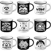 Mumufy 9 Pcs Enamel Camping Coffee Mugs 12 oz Happy Campers Campfire Tea Cups Black White Travel Drinking Mugs with Handle Vintage Tea Cups for Coffee, Tea, Milk Travel Mug Camping Lover Holiday Gifts