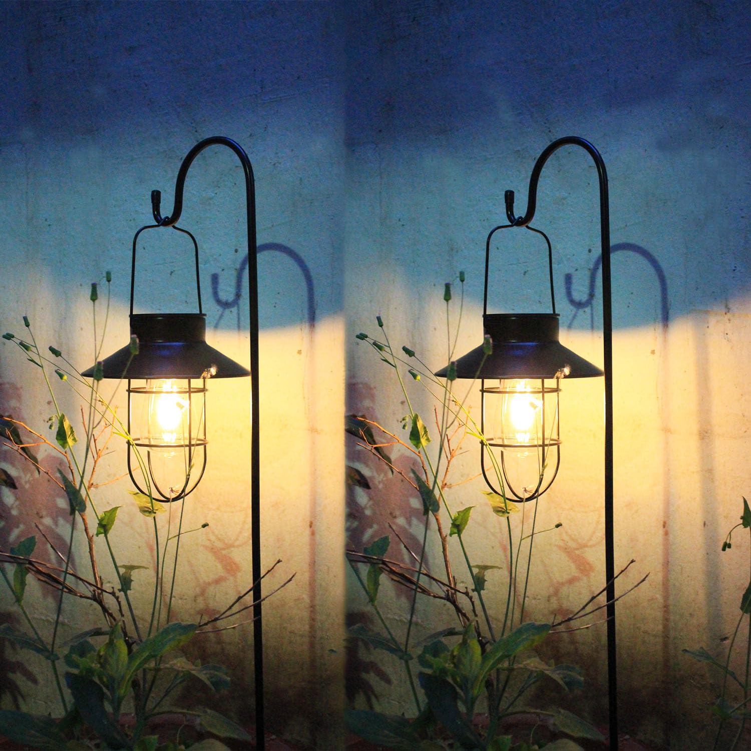 Photo 1 of 2 Pack Solar Lanterns ,Outdoor Waterproof Solar Lamp with Shepherd Hook, Metal Edison Bulb Lights Gifts for Gifts for Women/Mom Garden Outdoor Pathway Decor (Black)