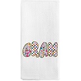 nvucamd Gram Gifts Kitchen Towels, Funky Gram Floral Hand Towels for Bathroom Kitchen Decor, Mothers Day Birthday Gifts for Grandma from Grandkids, Grandma Dish Tea Towel, 16x24 Inch