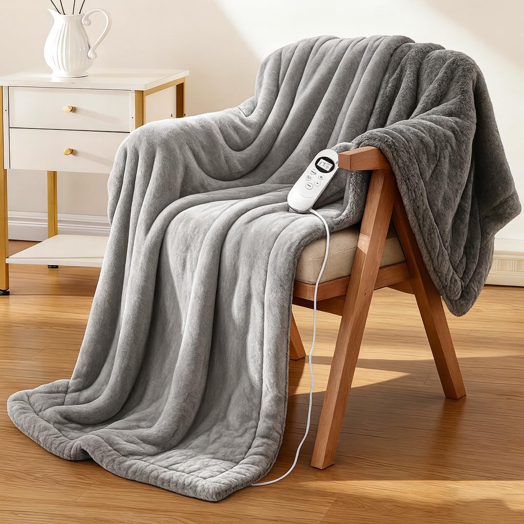 View 1 of **FINAL SALE NO RETURNS**Eastsora Electric Heated Blanket Throw 50''x60'' – Soft Dual-Sided Flannel, 12 Heat Settings, Smart Timer, ETL & FCC Certified, Machine Washable (Deep Gray & Light Gray, Single(50"x60"))