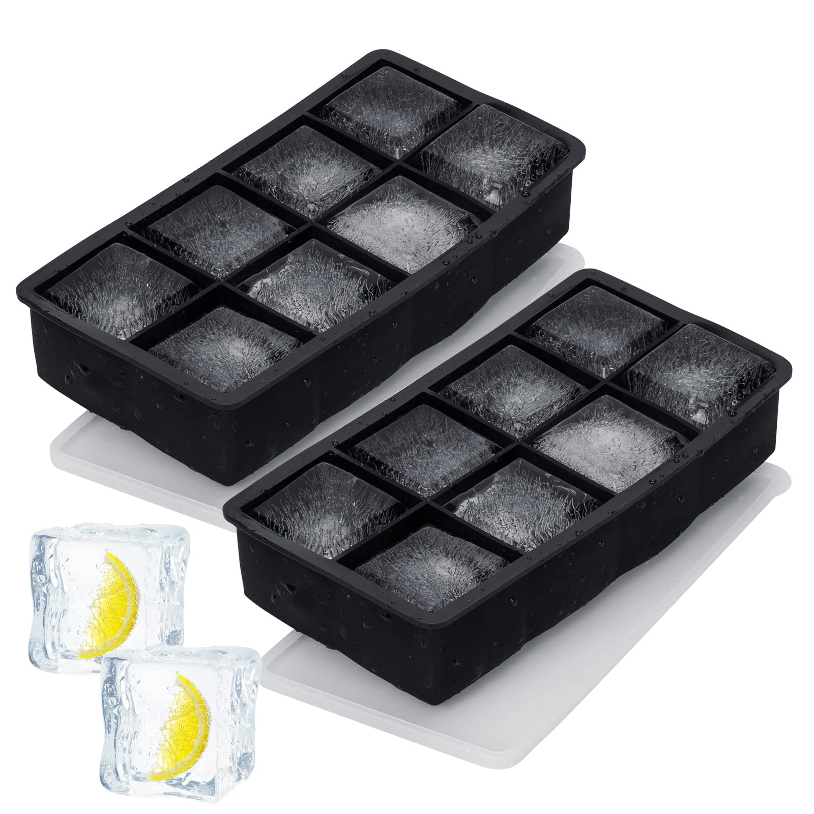 2 Pack Ice Cube Trays, Silicone Large Square Whiskey Ice Cube Mould with Removable Lid, 8 Big Ice Cubes per Tray for Cocktails, Whiskey and Drinks Ice Cool (Black, 2 X Large Square)