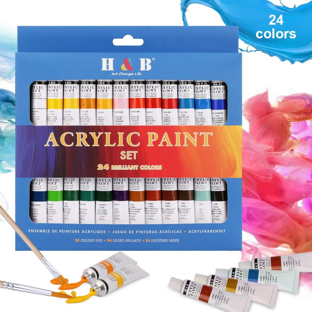24 Colours x 12ml Acrylic Paint Set, NonToxic Drawing Painting Pigment