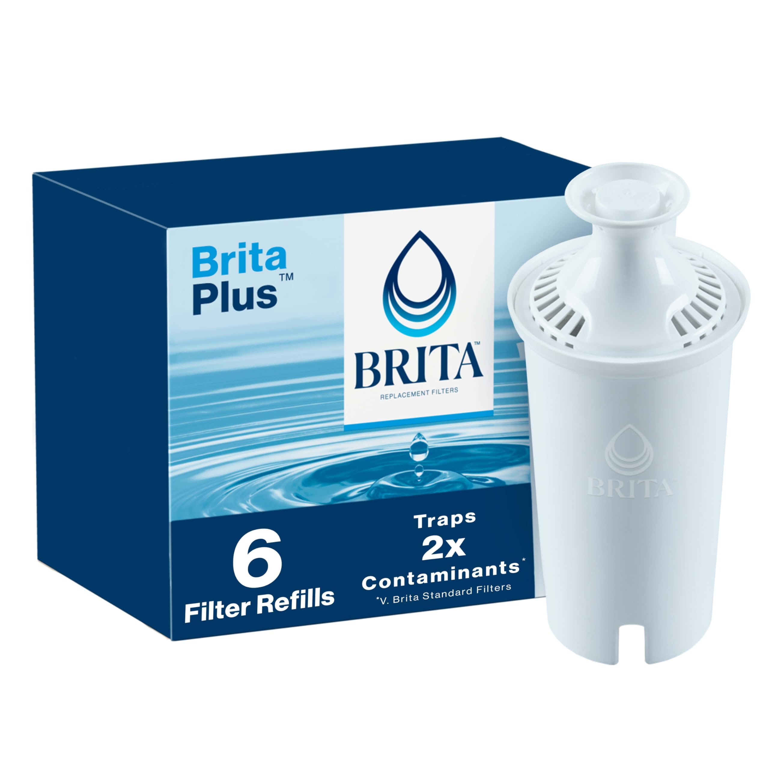 Brita Plus Water Filter, BPA-Free, High-Density Replacement Filter for Pitchers and Dispensers, Reduces 2x Contaminants*, Lasts Two Months or 40 Gallons, Includes 6 Filters Image