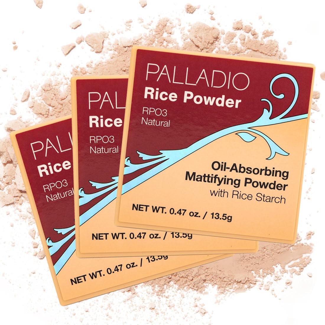Palladio Rice Powder with Sponge Applicator, Loose Setting Powder, Absorbs Oil, Leaves Face Looking and Feeling Smooth, Helps Makeup Last Longer For a Flawless Fresh Look (Natural, Pack of 3)
