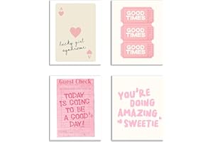 KEUSPI Preppy Pink Trendy Retro Guest Check Good Times Ticket Lucky Girl Syndrome Y2K Wall Art Poster Prints Print For Bedroom Dorm Decor,Funky Decorations Prints Unframed 8x10 Inches Set of 4