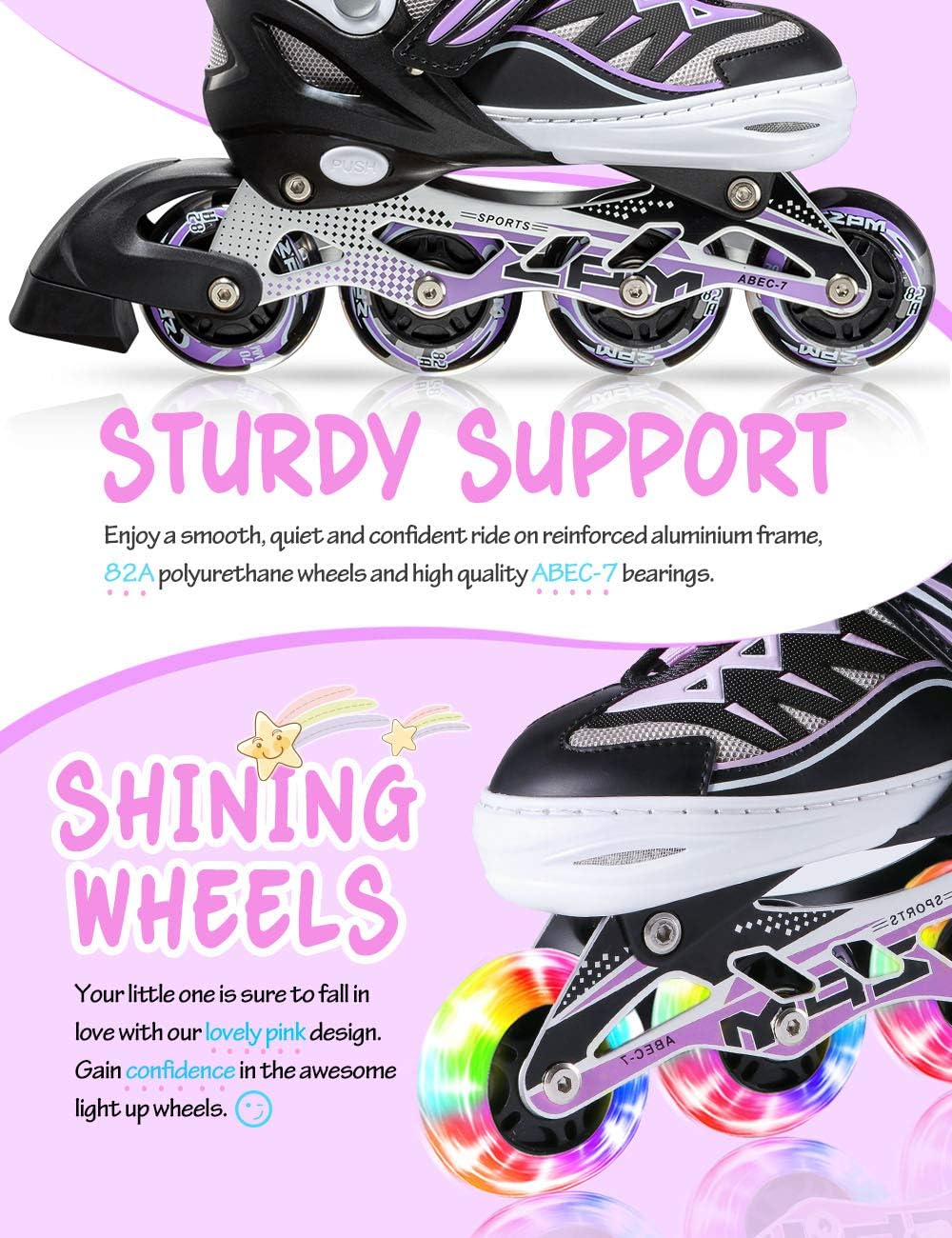2PM SPORTS Cytia Pink Girls Adjustable Illuminating Inline Skates with Light up Wheels, Fun Flashing Beginner Roller Skates for Kids : Sports & Outdoors