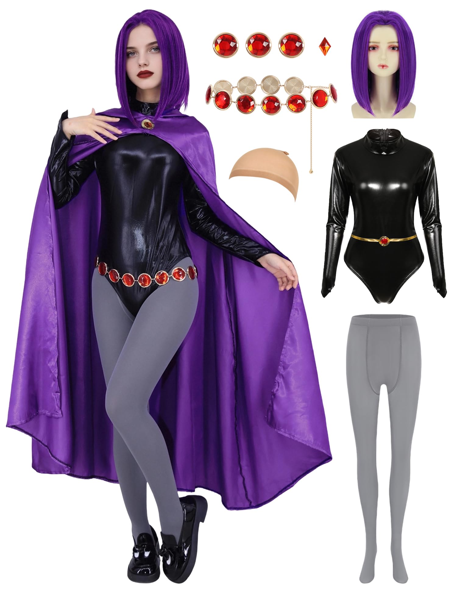 Photo 1 of Adult Raven Costume Women Cosplay Halloween Costumes Purple Hooded Cape with Wig Bodysuit Belt Gemstone Anime Cosplay Party Outfit AJ002-XXL