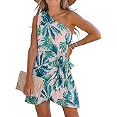 CUPSHE Women's One Shoulder Leaf Print Self-tie Short Dress Sleeveless Tiered Hem Formal Dress Casual Mini Dress