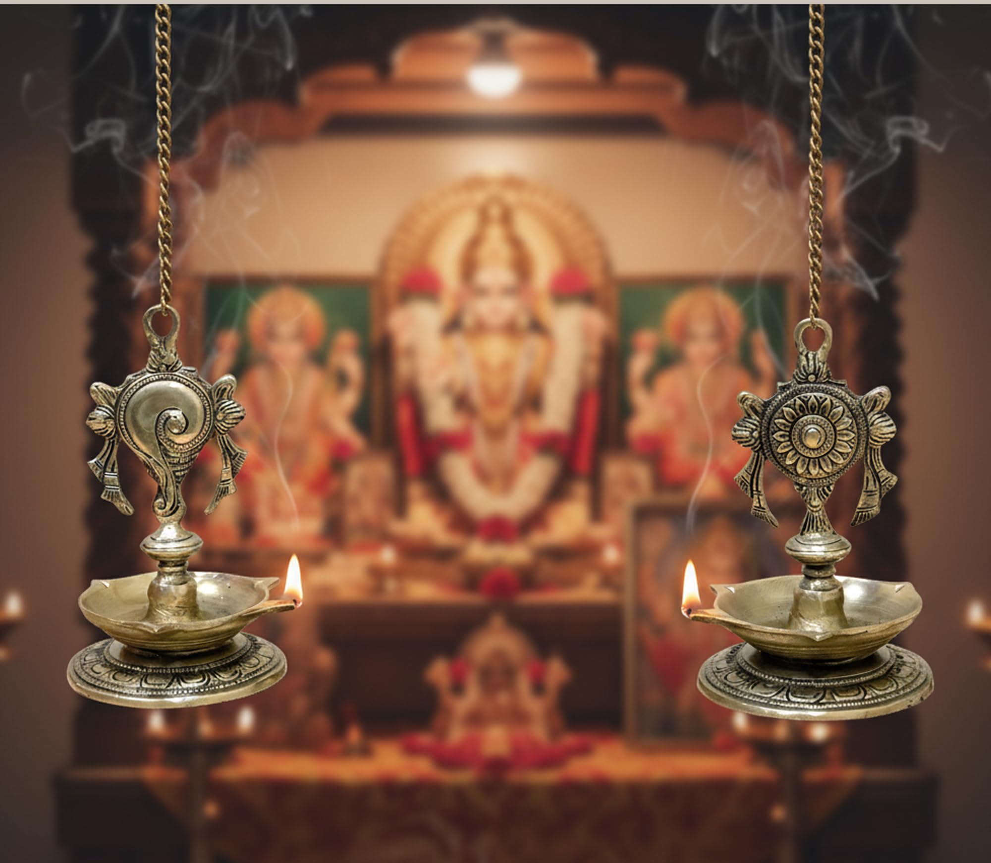 StonKraft Pair of Brass Hanging Diya Deepak Deepam Oil Lamp For Home and Office - 25.75" Inches - Golden