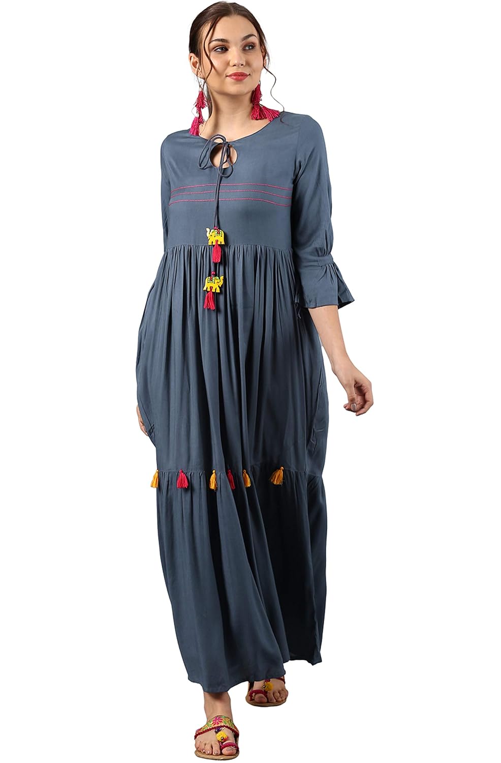 janasya women's rayon flared plain tassel gown