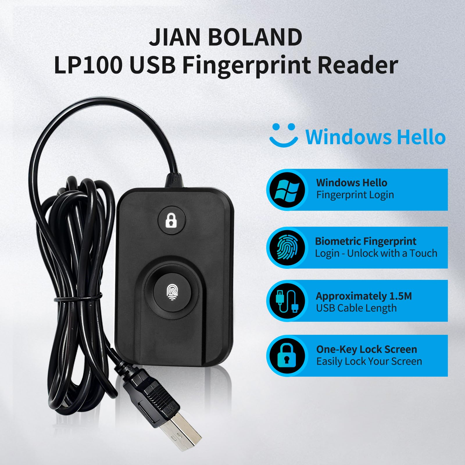 USB Fingerprint Reader for Windows10/11, Windows Hello Fingerprint Reader One-Click Lock Screen,Auto Driver Setup with 5ft Cable-Windows Password-Free Login