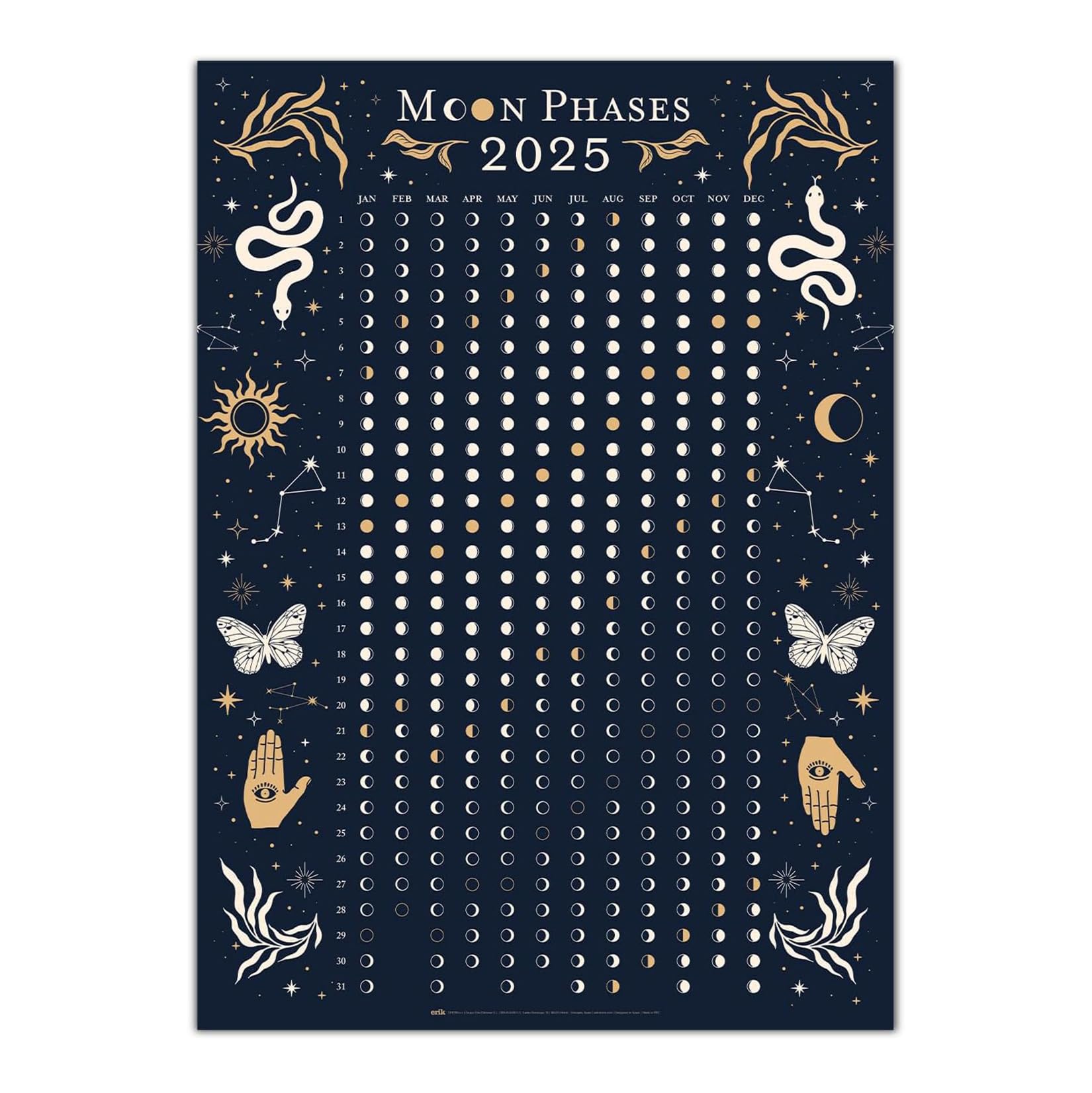 Grupo Erik Moon Calendar 2025 - Astral | 19.7 x 27.6 inches - 50 x 70 cm Glow In The Dark Moon Phase Calendar 2025, Moon Gifts, Moonology, Moon Poster