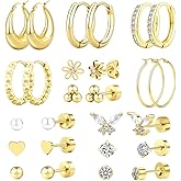 LETIMEFORU 13 Pairs Small Gold Stud Earrrings Hoops Set for Women, 14K Gold Plated Lightweight Hypoallergenic Heart Flower Butterfly Dainty Earrings for Gift (Gold Earrings)