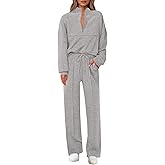 Lazysmile 2 Piece Sets For Women Lapel Half Zip Sweatshirt and Wide Leg Long Pants Sweatsuit Lounge Sets Workout Sets