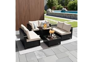 Ophelian 8 Piece Patio Furniture Set with Fire Pit Table, Wicker Outdoor Sectional Sofa Set, Conversation Sets with Thick Anti-Slip Cushions for Backyard, Garden, Deck, (Brown/Beige)