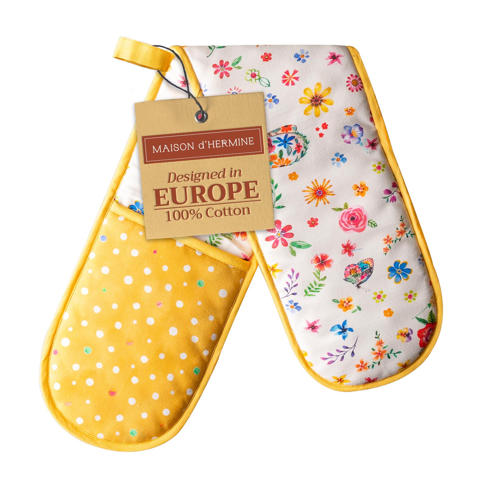 Maison d' Hermine Double Oven Mitts 100% Cotton 18 cm x 89 cm Double Oven Mitt Heat Resistant BBQ Cooking Gloves with Loop Baking Handling Hot Pans Gifts for Mothers Day (Happy Florals - Sweety)