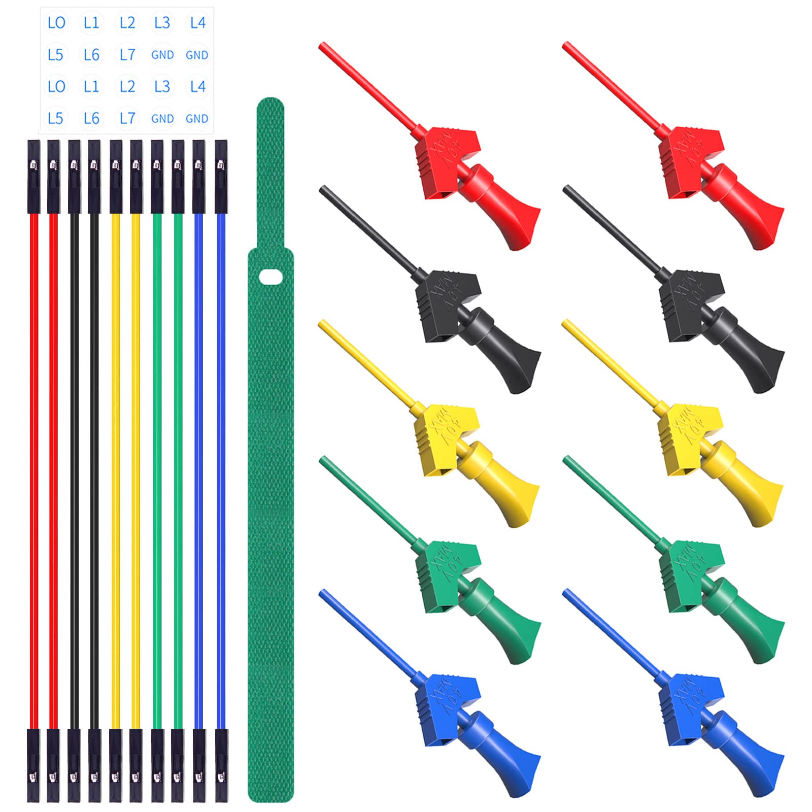 Cleqee 10PCS SMD IC Test Hook Clips with Silicone Jumper Wires Cable Test Leads Kit for Logic Analyzer 5 Colours