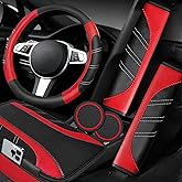 NBTEPEM 6 Pcs Red Car Accessories Set, Sport Leather Steering Wheel Cover 14.5-15inch Universal, Microfiber Leather Car Center Console Cover, Seat Belt Cushion, Cup Holder Coaster (Black-Red)