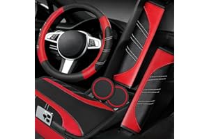 NBTEPEM 6 Pcs Red Car Accessories Set, Sport Leather Steering Wheel Cover 14.5-15inch Universal, Microfiber Leather Car Center Console Cover, Seat Belt Cushion, Cup Holder Coaster (Black-Red)