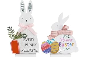 Easter Decorations, MEETYAMOR 2 PCS Bunny with Carrots Farmhouse Wood Block Easter Decor, Happy Easter with EVERY BUNNY WLECOME Sign Easter Egg Design Easter Decorations Indoor for Home, Tables