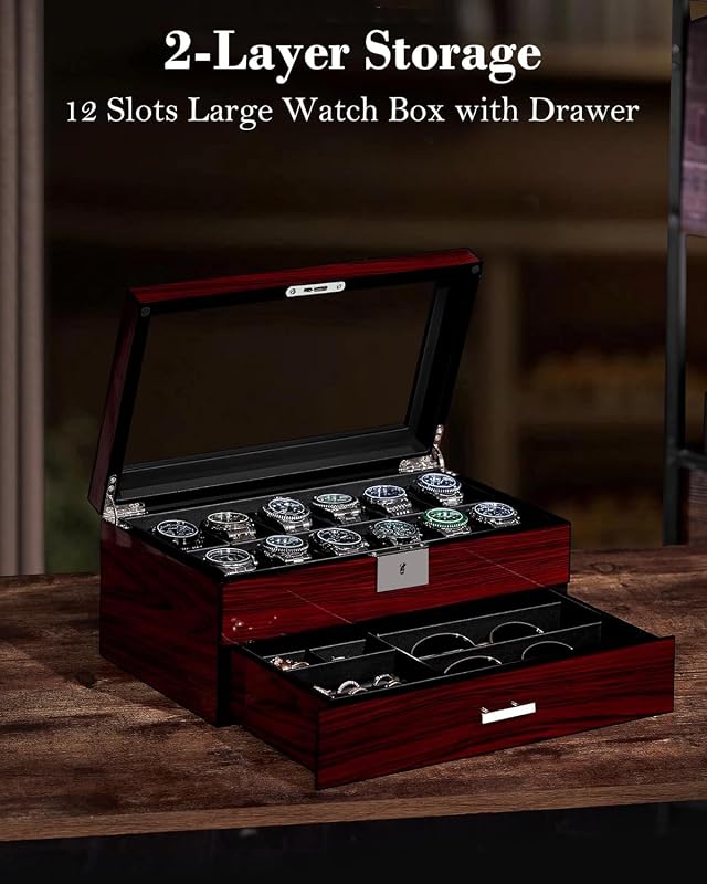 Caja de Relojes con 12 Ranuras, Joyero Hombre con Tapa de Cristal