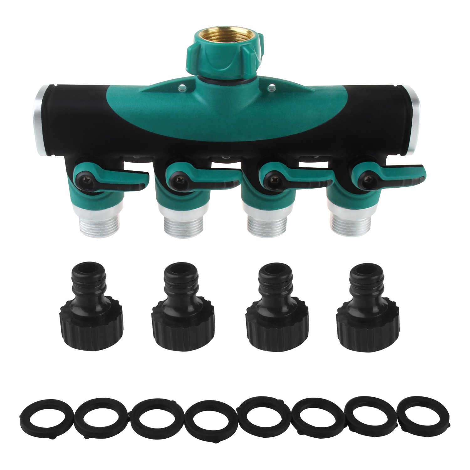 bedee 4 Way Garden Hose Splitter, 4 Way Garden Hose Connector Garden Tap Adaptor Faucet Splitter Outdoor Utility Tap Connector with 4 Connectors/4 Individual Water Valve/8 Rubber Washers for Garden Irrigation Watering