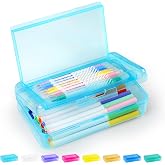 Sooez Double Layer Pencil Box, Large Hard Pencil Case Organizer, Clear Box | Plastic Crayon Box for Girls and Boys, Colored Marker Organizer, Small Plastic Containers/Bins with Lids, Art Supply Storage