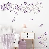Supzone Flowers Vine Wall Decals - Purple Flowers Stickers With Butterflies, Removable Vinyl DIY Home Art for Bedroom, Living Room, Sofa Backdrop, TV Decoration