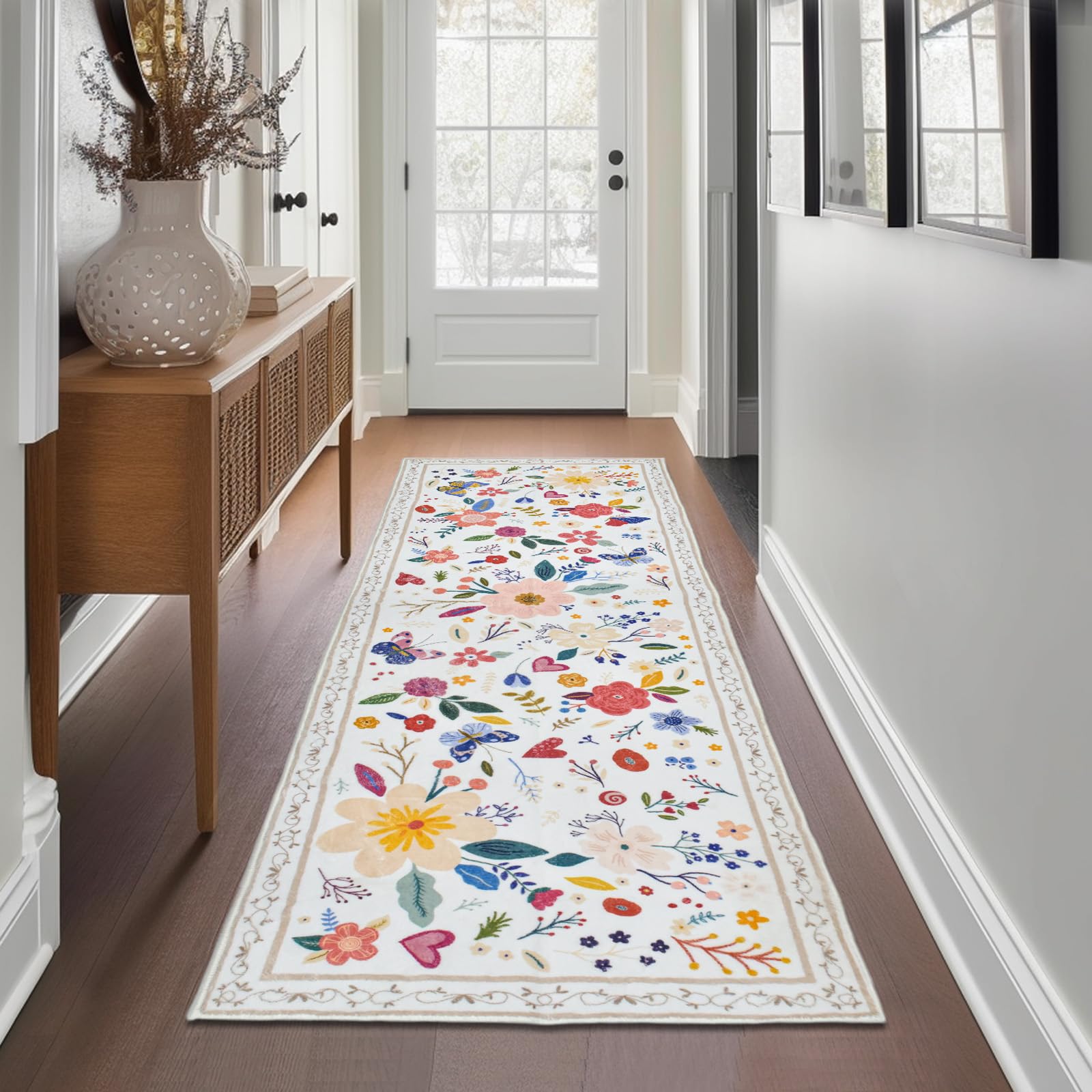 Avezano Carpet Runner for Hallway Non Slip 60x182cm Machine Washable Kitchen Laundry Room Floral Area Rug Runner Floor Door Mat Runner for Hallway Entryway Kitchen Laundry Room (Beige)