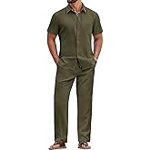 COOFANDY Mens 2 Piece Sets Summer Outfits Short Sleeve Button Down Shirt Loose Pant Sets Beach Vacation Outfits
