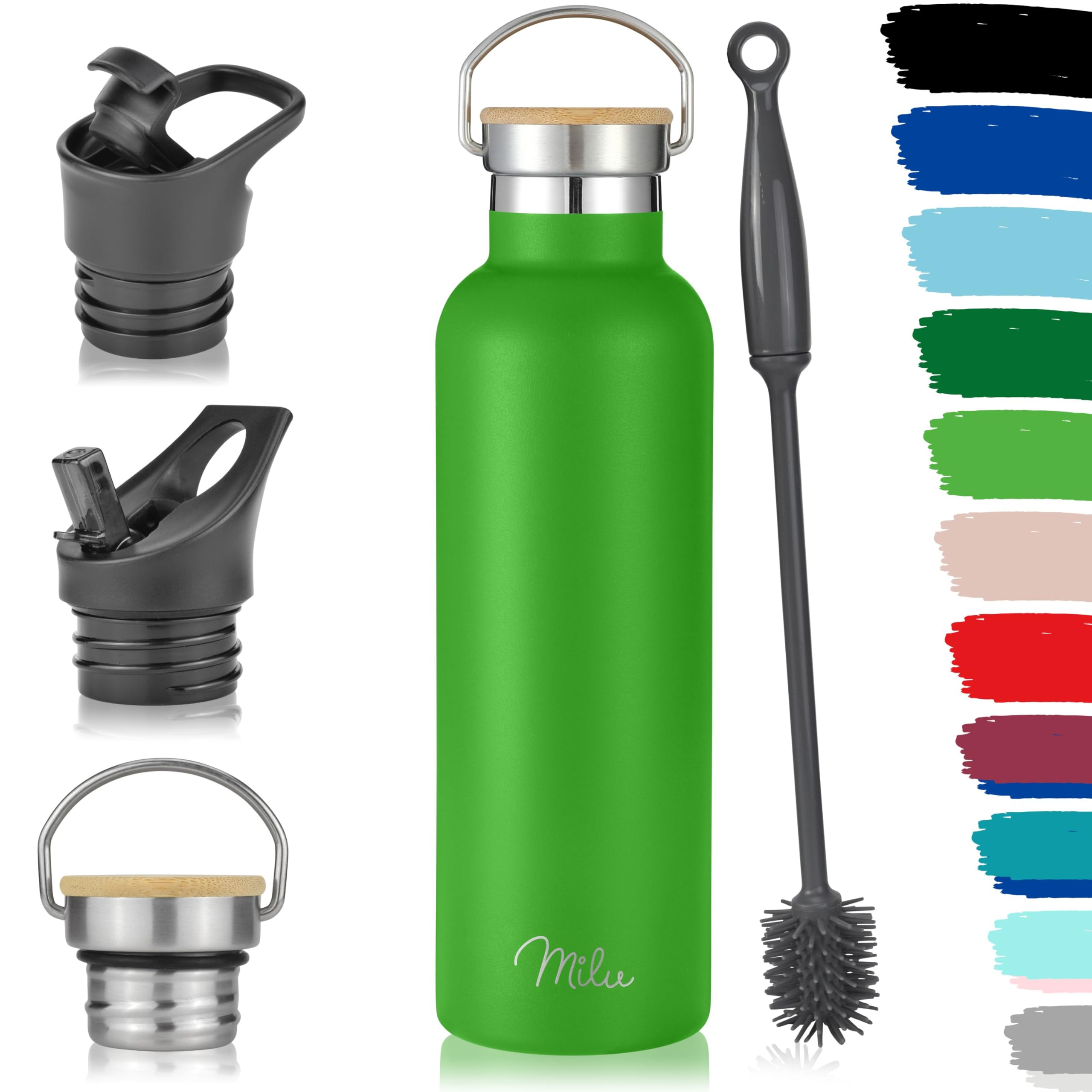 Milu Stainless Steel Drinking Bottle 350ml, 500ml, 750ml, 1l (+3 Lids) - Thermo Bottle with Straw, Water Bottle, for Hot, Cold & Carbonated Drinks (Apple Green, 750ml)