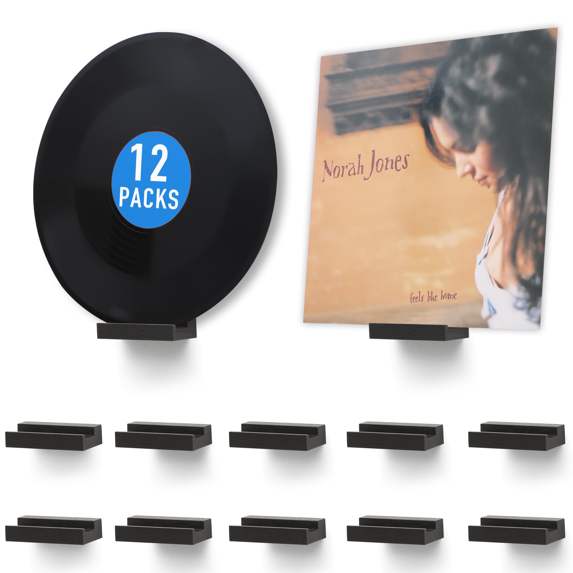 PHOENANCEE Solid Oak Wood, Set of 12, Record Shelf Wall Mounted Rack, Album Record Holder, Picture Ledge Shelves, Record Storage Display Collection Stand(Rustic Black, Set of 12)